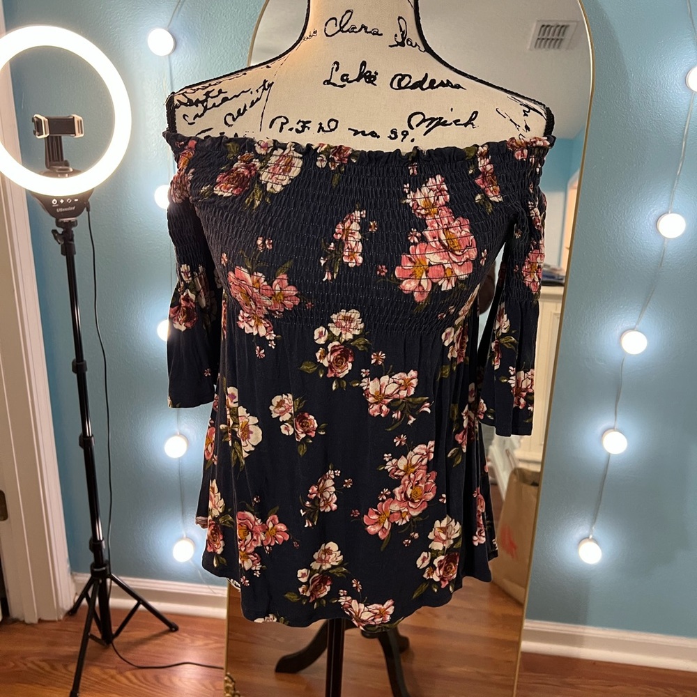 Rewind Blue Floral Off-Shoulder Blouse